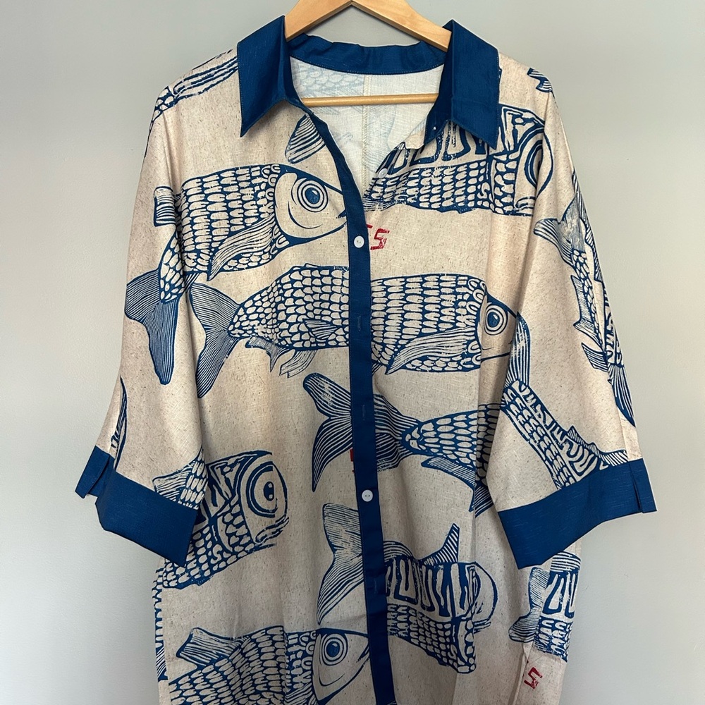 SHEIN Blue Fish sardine Print Women's Blouse *never worn!*